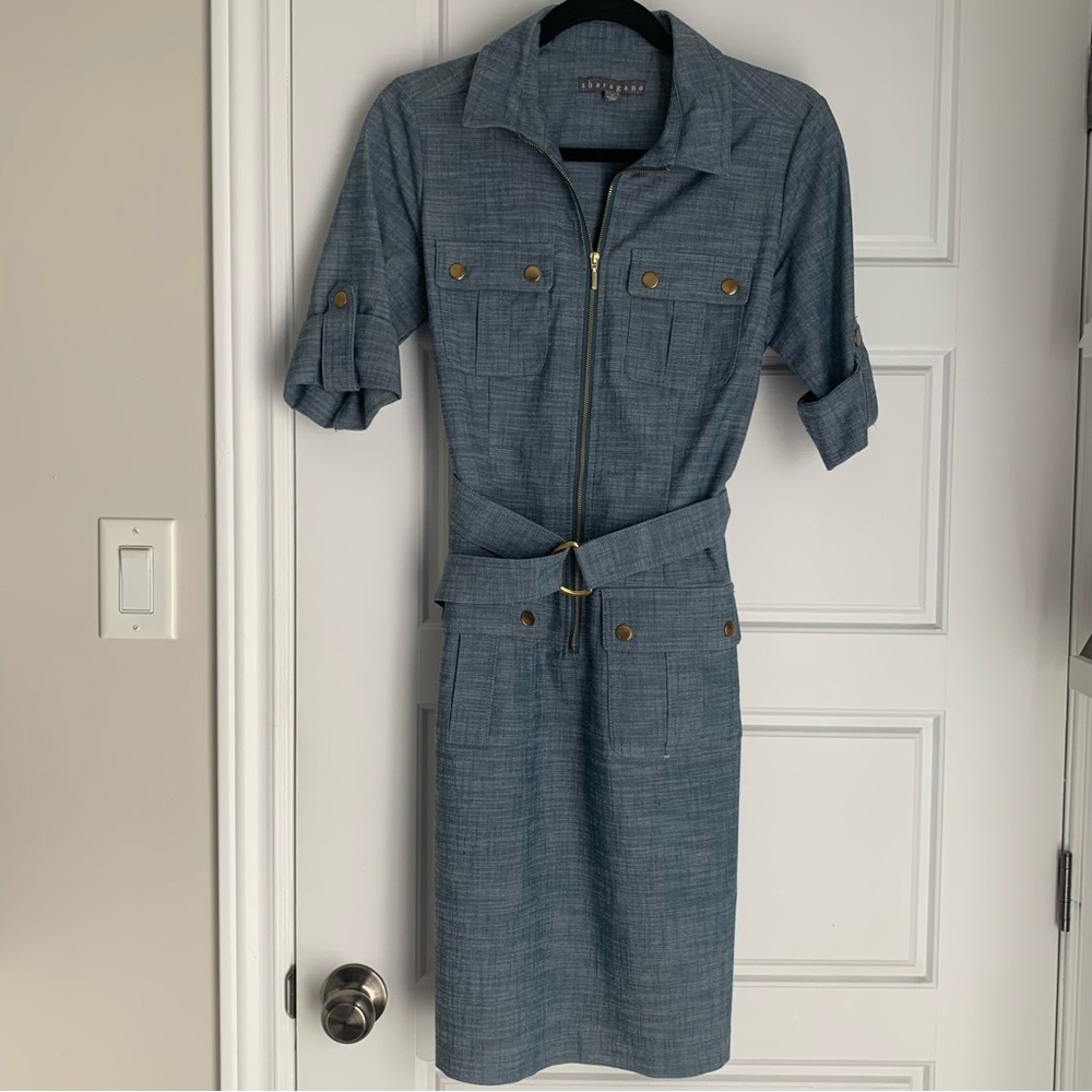 Chambray Blue zipped up Belted Dress